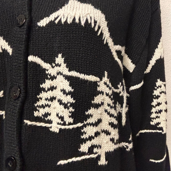 Women's Christopher & Banks Cardigan XL Black White Mountain Trees Holiday - Picture 2 of 10